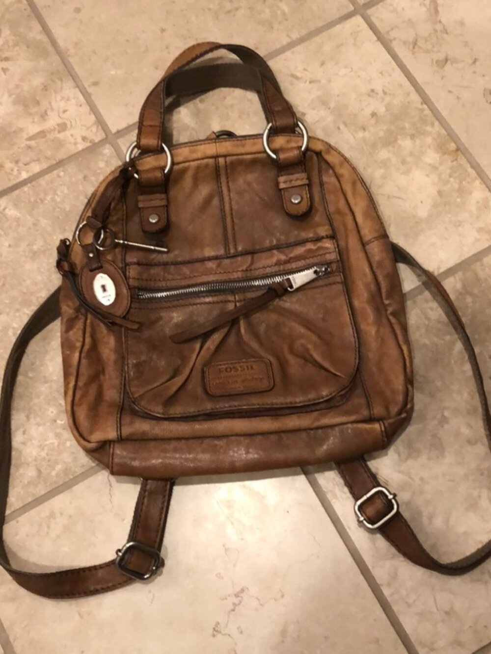 Vintage Fossil leather canvas distressed top handle strap travel bag backpack